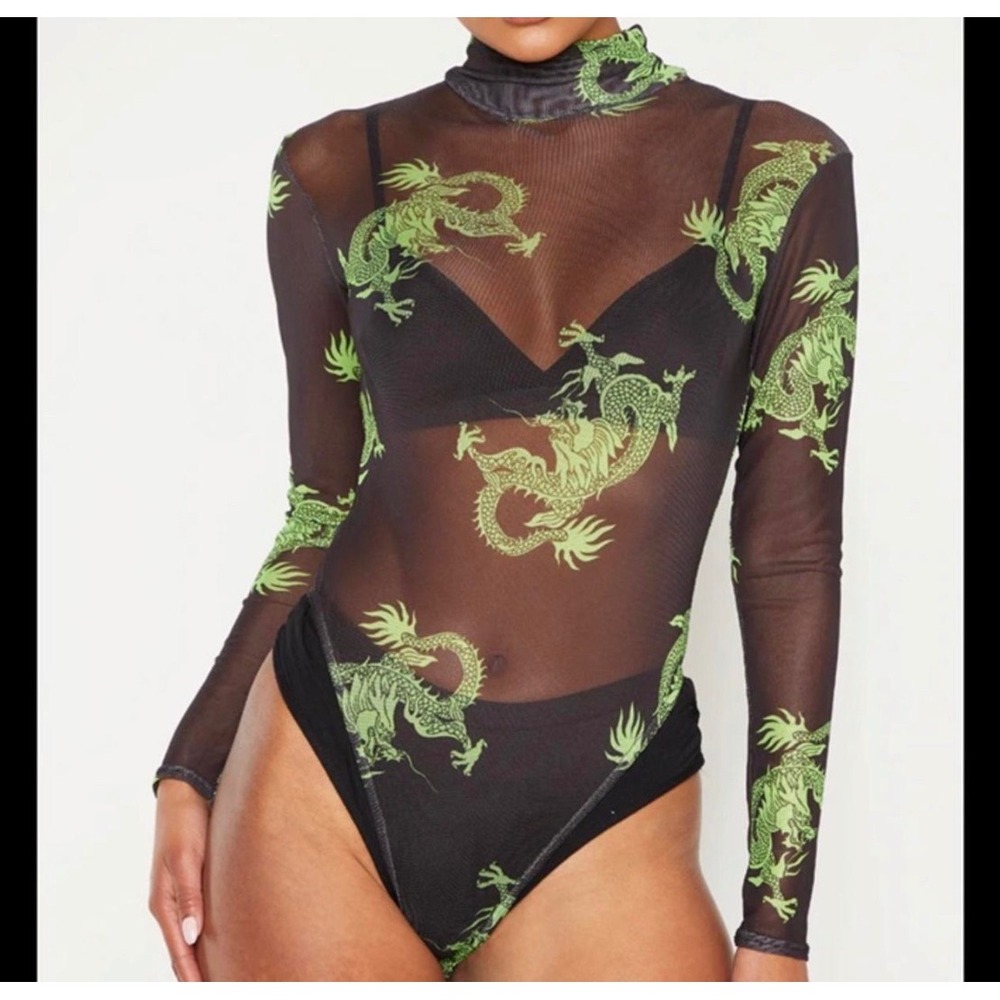 Sheer Dragon Green & Black Mesh Bodysuit Top ~ Halloween Novelty Whimsigoth